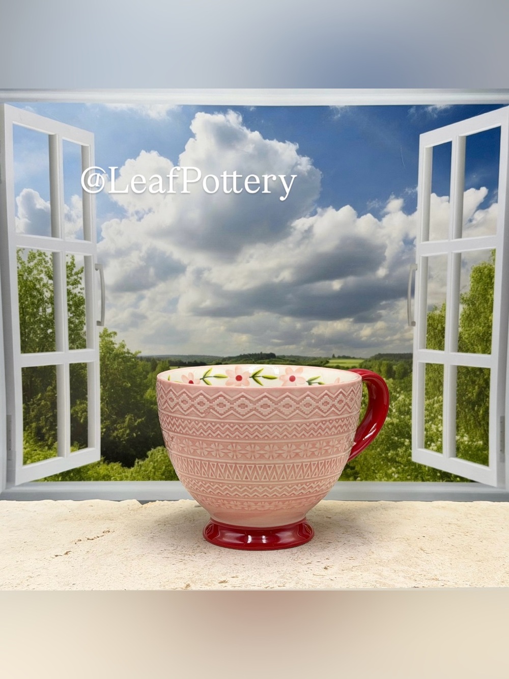 Pink Ceramic Latte Mug Potter's Studio Fair Isle Pattern Large Coffee Cup 14 oz - Picture 10 of 11